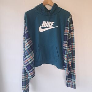 Nike Oversized Upcycled DIY Handmade Crop Sweatshirt Flannel Plaid Blue One Size
